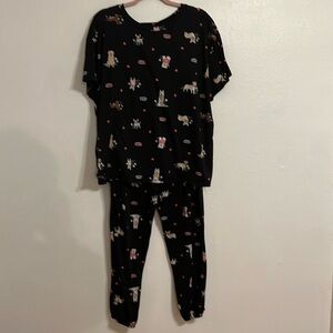 VTG Joyspun Size 2X Short Sleeve Black With All over Dogs Print PJ  Set